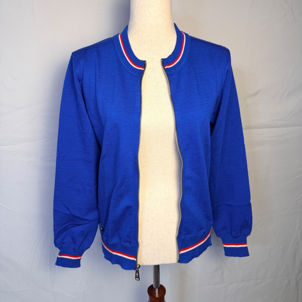 Lambertini Professional Clothing Blue Knit Zip Cycling Jacket Red White Stripe